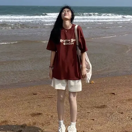 酒红色纯棉字母印花短袖t恤女夏季美式复古宽松小众设计感上衣潮商品大图