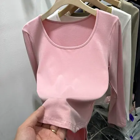 欧货纯色百搭圆弧下摆长袖T恤女2024早春新款洋气内搭打底衫上衣商品大图