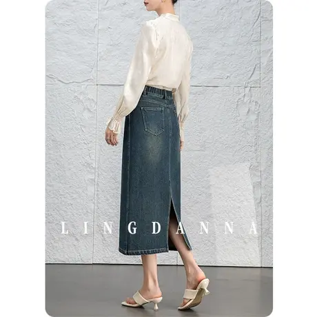 2024新款高腰直筒牛仔半身裙女中长款后摆开叉设计感裙子包臀半裙图片