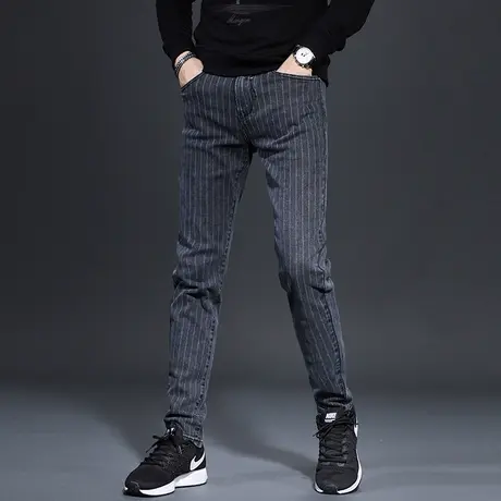 2022新款加绒牛仔裤男秋冬款潮牌修身小脚条纹潮流男士休闲裤秋季商品大图