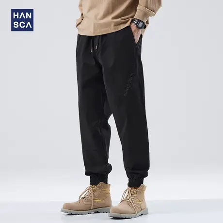 hansca男士束脚裤秋季日系重磅潮流拼接大码纯色弹力工装休闲长裤商品大图