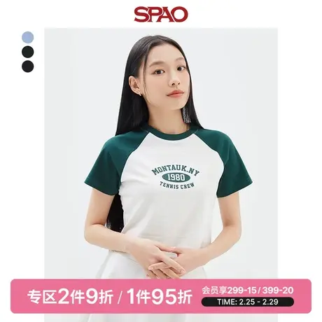 SPAO韩国同款女士T恤春季新款拼色短款圆领短袖T恤SPRPD37G04商品大图