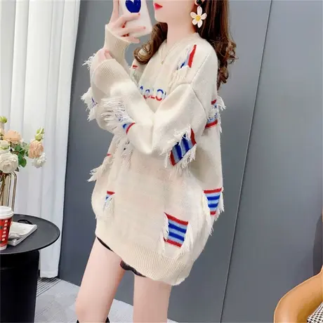 设计感流苏破洞圆领毛衣女秋冬2022新款韩版宽松洋气减龄打底上衣商品大图