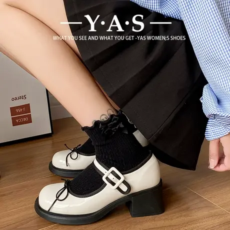 法式复古高跟玛丽珍鞋女2024新款春秋蝴蝶结棕色圆头英伦风小皮鞋图片