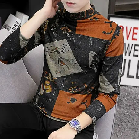 潮流半高领长袖T恤男士秋冬季韩版德绒双面绒内搭秋衣打底衫保暖商品大图