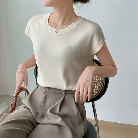 2024春夏新款短袖冰丝针织衫女修身显瘦圆领打底衫修身绝美小上衣图片