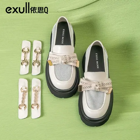 依思q厚底乐福鞋女2024年新款松糕蝴蝶结缕空网面透气粗跟单鞋女商品大图