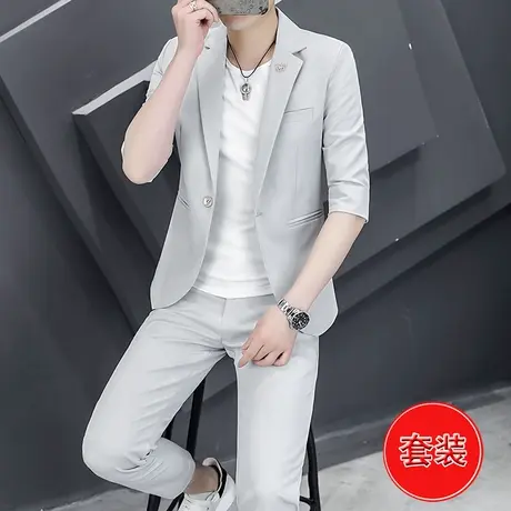 夏季男士七分袖西装韩版纯色九分裤轻熟风坠感小西服上衣三件套装商品大图
