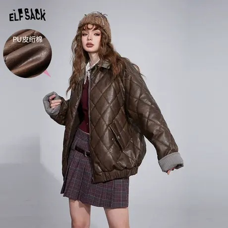 妖精的口袋pu皮格子复古棉服女2023冬季新款加厚设计感美拉德棉衣图片