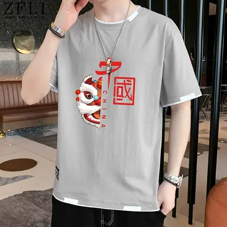 假两件t恤男士短袖潮牌潮流夏季棉感半袖男体恤国潮青少年上衣服商品大图