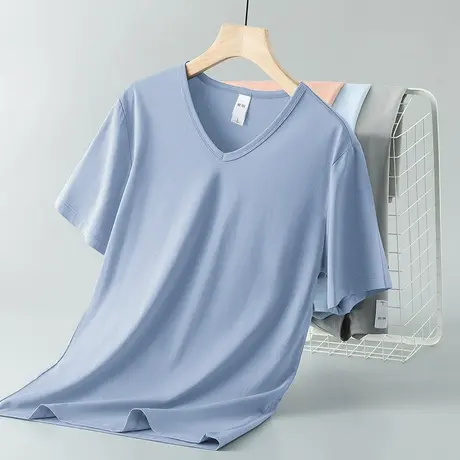 莫代尔冰丝t恤男短袖2023新款V领纯色上衣服夏季半袖速干凉感体恤商品大图