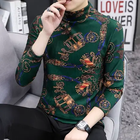 半高领打底衫男士t恤秋冬长袖双面绒毛衣男潮流秋衣内穿内搭修身商品大图