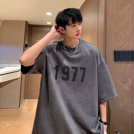 圆领短袖T恤男夏季潮流1977印花内搭高街宽松麂皮绒美式休闲半袖商品大图
