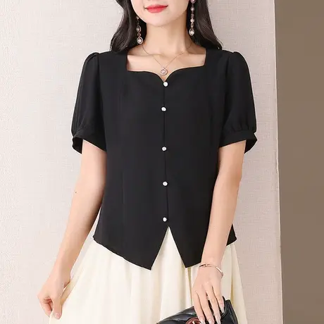 伊自尚2023新款女装大码胖mm法式夏季显瘦设计感v领百搭短款上衣商品大图