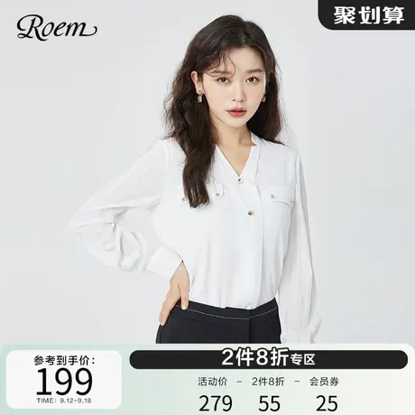 Roem商场同款春夏新品气质金属扣简约百搭套头V领通勤雪纺衬衫图片