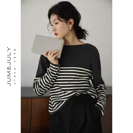 嘉茱莉2023秋季新款撞色条纹针织衫女薄款长袖毛衣套头宽松外搭商品大图