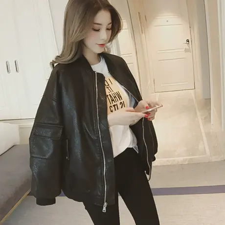 2023秋冬季新款韩版宽松小香风夹克加厚短款百搭PU棒球皮衣外套女商品大图