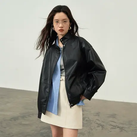 omont蛋挞家 复古黑色皮衣外套女2023秋冬新款机车服飞行员皮夹克商品大图