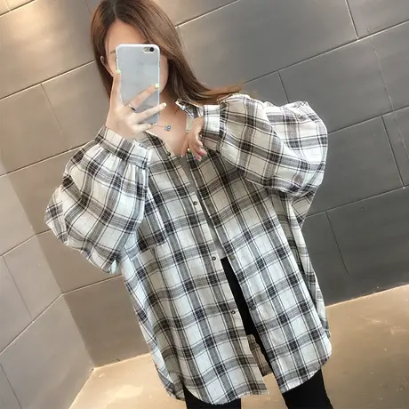 格子衬衫女中长款2023年秋季新款韩版百搭休闲外套网红复古衬衣潮商品大图