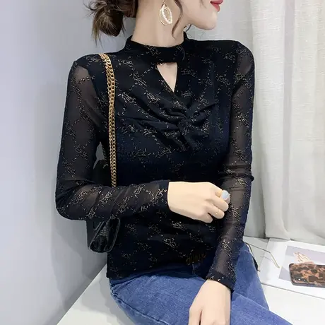 紧身内搭打底衫女春装性感镂空长袖T恤网纱烫金小衫洋气扭结上衣商品大图