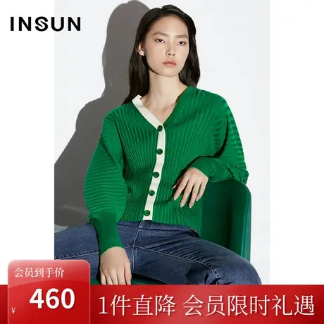 恩裳COVER2023春款新款摩登坑条连肩针织外套羊毛混纺羊腿袖毛衣图片