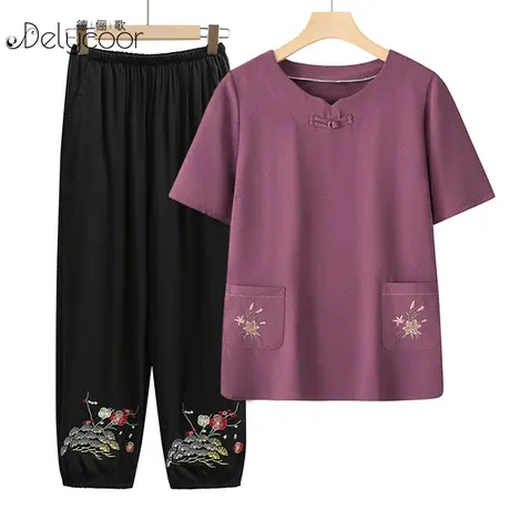 妈妈夏装洋气棉绸套装中老年女装宽松加大码名族风奶奶装短袖t恤商品大图