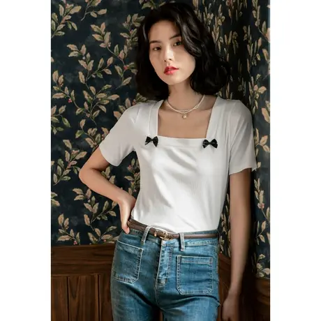 弥古法式方领上衣女夏高级感白色薄款冰丝针织衫修身显瘦短袖t恤图片