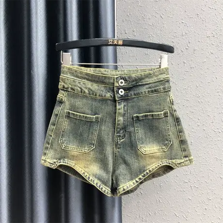 2023夏季新款复古怀旧百搭修身显瘦个性不规则高腰直筒牛仔短裤女商品大图