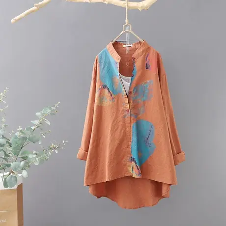 文艺女装棉麻衬衣2023春女装宽松大码前短后长长袖女士衬衫薄开衫商品大图