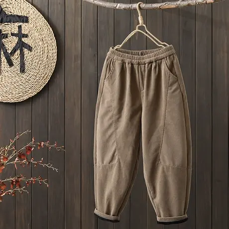 枫谜2022年冬季新款复古灯芯绒松紧腰宽松百搭休闲加厚哈伦裤图片