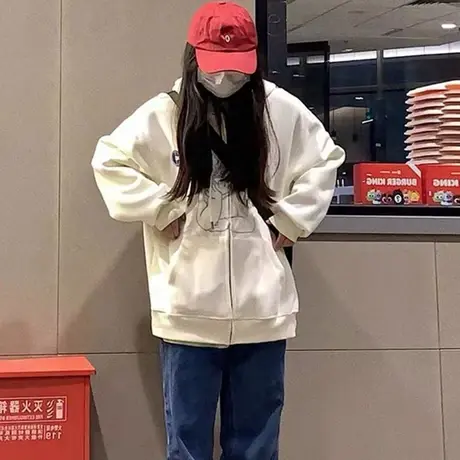 连帽卫衣女chic港风上衣春秋薄款oversize美式复古开衫外套潮ins商品大图