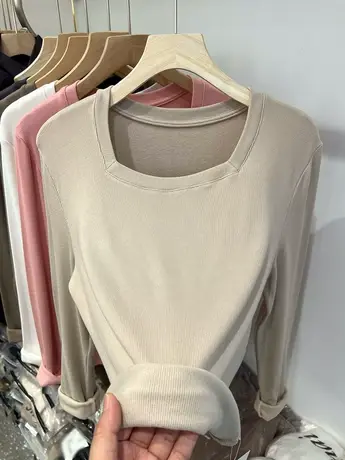 方领加绒加厚打底衫女冬2022年新款网红爆款修身长袖内搭针织上衣图片