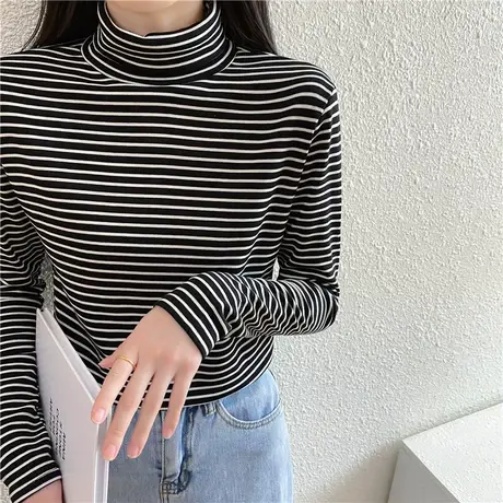 网红ins高领t恤秋季2023新款女装韩版港风长袖打底衫内搭上衣潮商品大图