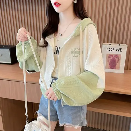 早秋装连帽卫衣女春秋季韩版宽松初秋薄款小个子撞色短款开衫外套图片
