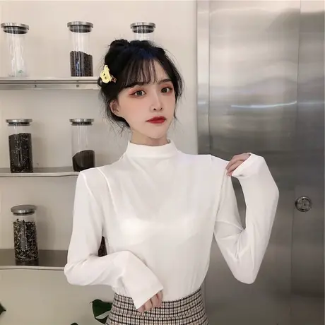 秋冬德绒白色半高领打底衫女内搭大码长袖洋气ins潮加绒修身上衣商品大图