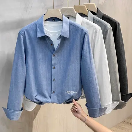 条纹衬衫男秋冬加绒加厚保暖男装上衣休闲男士打底衬衣长袖春秋款商品大图