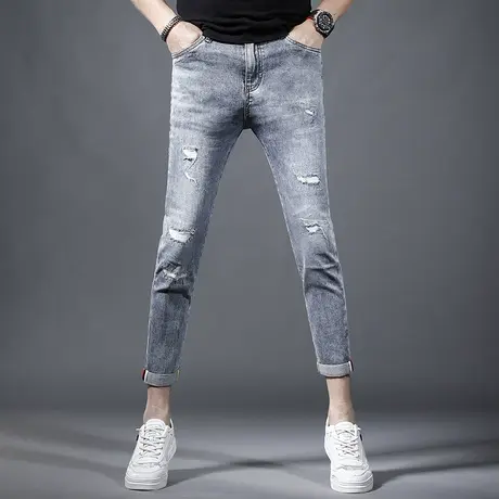 破洞补丁九分裤牛仔裤男夏季薄款蓝色2023新款修身小脚弹力裤子男商品大图