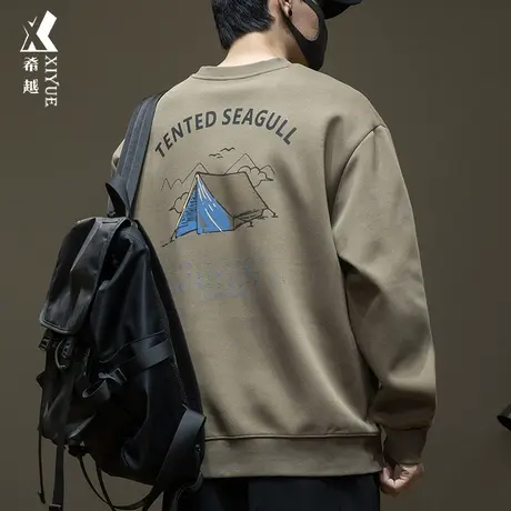 希越后背露营印花卫衣男宽松大码秋季高端双面棉重磅男生打底套头图片