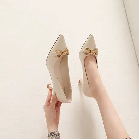 2023年春季新款女神范杏色高跟鞋女细跟性感气质尖头浅口职业单鞋图片