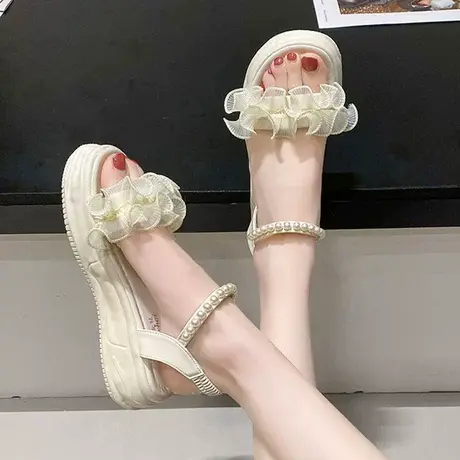 凉鞋2023年新款女夏平底珍珠丝带少女小清新配裙子chic沙滩罗马鞋商品大图
