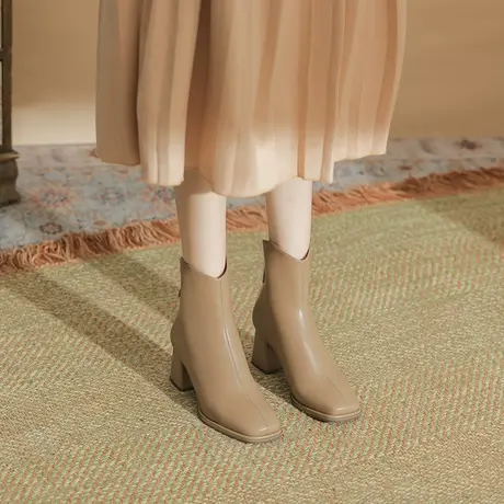 粗跟短靴女2023秋冬季百搭新款方头短靴网红法式中跟靴时装马丁靴图片