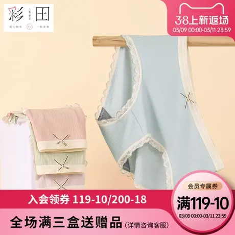 彩田夏季新款莫代尔中腰舒适条纹蕾丝边蝴蝶结抗菌底裆女士三角裤图片