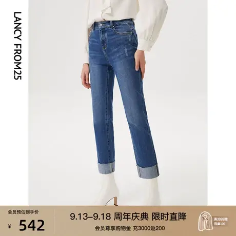 朗姿棉质高腰直筒复古休闲百搭弹力蓝色牛仔裤女秋冬季新款长裤子图片