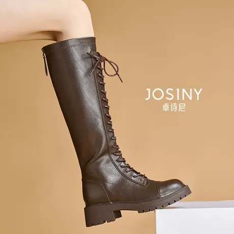 卓诗尼不过膝长靴女2024年秋冬系带显瘦后拉链软皮骑士靴马丁靴女商品大图