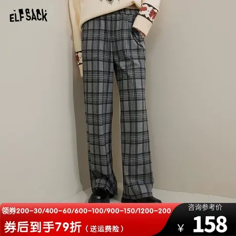 妖精的口袋灰色针织格子阔腿裤女2022秋冬季息款宽松直筒休闲裤子图片