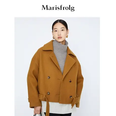 【美利奴羊毛】玛丝菲尔冬季新款褐色羊毛机车短款减龄毛呢外套商品大图