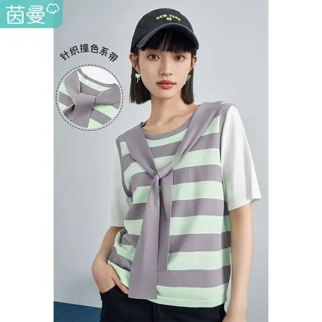 【商场同款】茵曼条横短袖针织衫女士2023春季新款宽松气质假两件图片