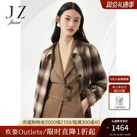 JUZUI玖姿官方奥莱春新款羊毛英伦风复古格纹气质毛呢风衣外套商品大图