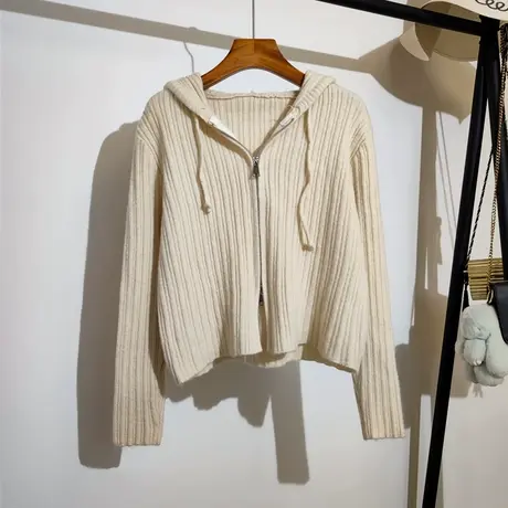 连帽针织开衫上衣女秋冬新款韩版纯色短款坑条气质双拉链毛衣外套商品大图