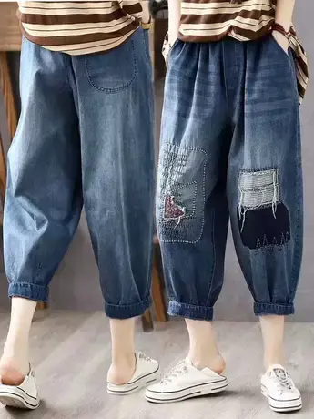 复古文艺爆款九分牛仔裤女夏季薄款宽松大码高腰绣花磨破哈伦裤潮商品大图